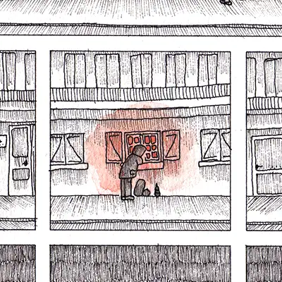 Bouton image. Double planche de bande dessinée, en noir et aquarelle, pour le concours de la BD scolaire d’Angoulême de 2012, représentant l'histoire d'un personnage et d'un papillon dans une ville. Léo Vacassin • Angoulême • 2012