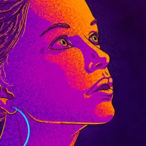Bouton image. Portrait digital féminin texturé, en orange, magenta et cyan sur fond violet. Léo Vacassin • Forward • 2019