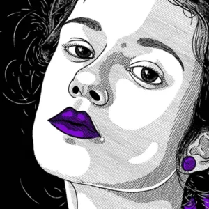 Bouton image. Portrait original au rotring noir et à l'encre violette sur fond blanc. Léo Vacassin • Introspection • 2018