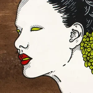 Bouton image. Portrait numérique féminin, noir, blanc et beige sur fond orange. Léo Vacassin • Vert • 2016