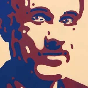 Bouton image. Portrait original de Christoph Waltz réalisé au pochoir en rouge et bleu sur fond beige. Léo Vacassin • Waltz • 2017